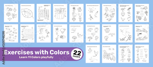 Exercises with Colors Coloring Pages for Kids – 22 Vector Worksheets for Early Learning, Letter format