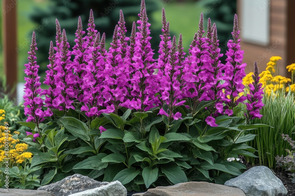 Naklejka premium Vibrant purple flowers bloom in a beautifully arranged garden surrounded by lush greenery and colorful blossoms in early spring