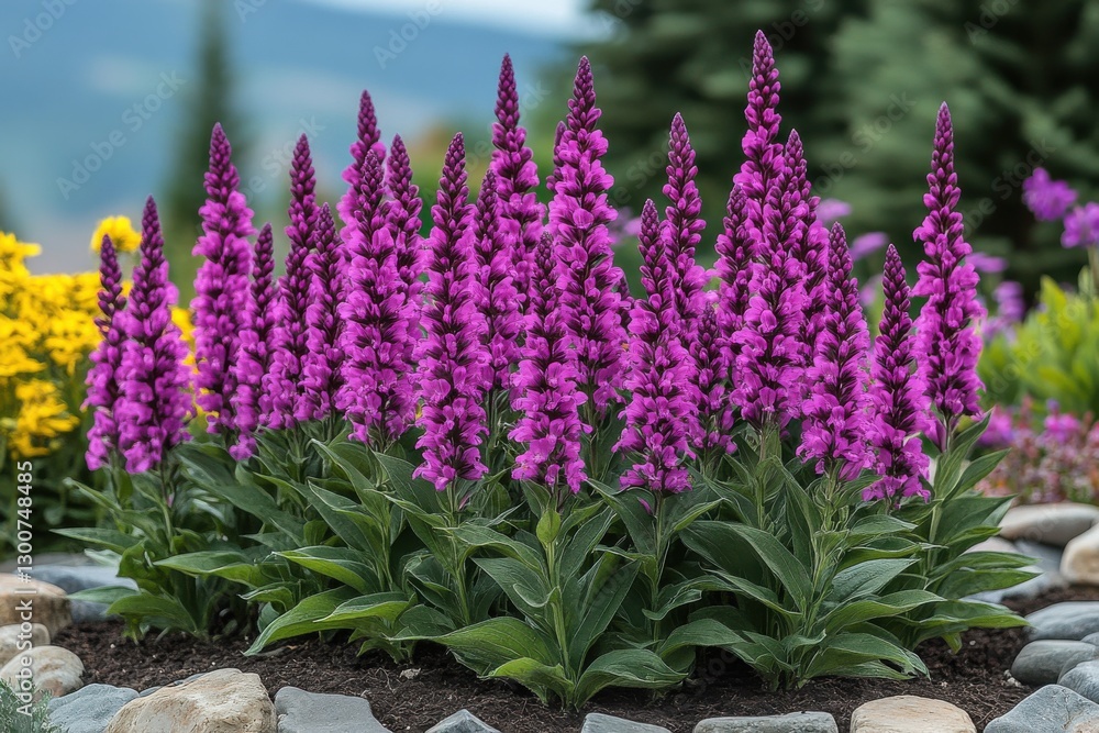 Naklejka premium Vibrant purple flowers bloom in a well-kept garden during the sunny afternoon with lush greenery in the background