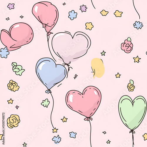 seamless rose heart and balloon pattern, wedding decoration, tile, wallpaper, background