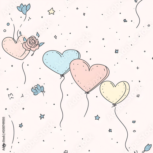 seamless rose heart and balloon pattern, wedding decoration, tile, wallpaper, background