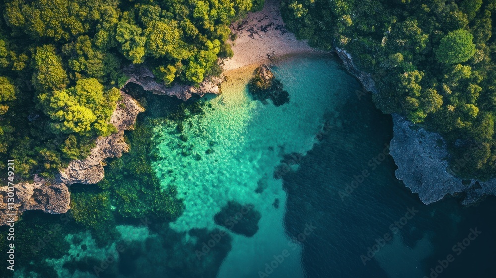 View of a serene beach with lush pine trees and calm, clear sea water under a partly cloudy sky View of a serene beach with lush pine trees and calm, clear sea water under a partly cloudy sky