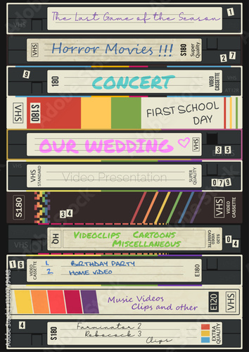 VHS Cassettes Background, Old Home Viddeo Collection Style Illustration, Vector Template for Vintage Posters, Covers, Illustrations