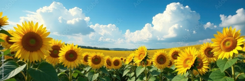Fototapeta premium Sunflowers bloom vibrantly under a vast, cloud-filled sky , summer, flower