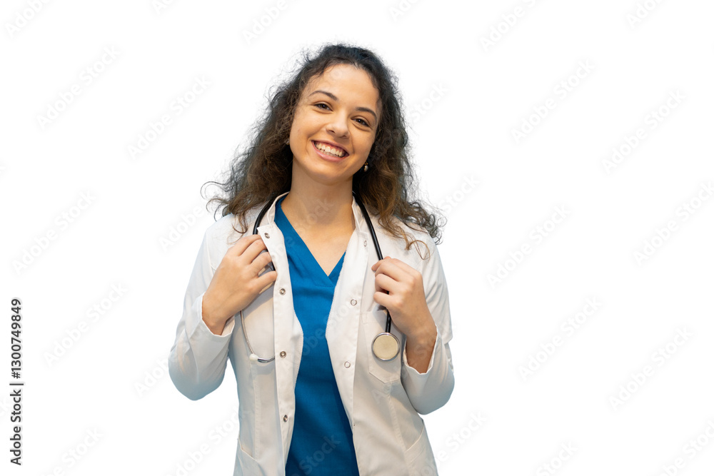 Smiling doctor wearing stethoscope and lab coat on transparent background Smiling doctor wearing stethoscope and lab coat on transparent background