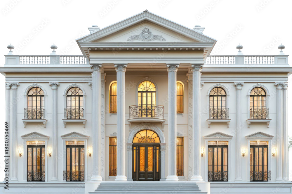 Obraz premium Elegant White Mansion With Classical Architecture and Grand Entrance with Tall Pillars and Ornate Details