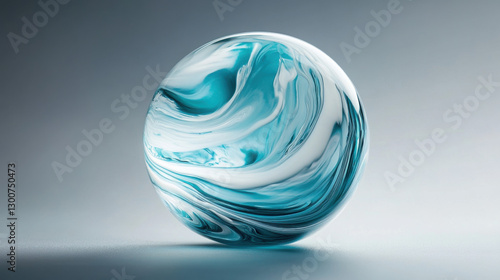 An artisan-crafted glass orb with mesmerizing aqua and white swirls, positioned against a seamless gray background