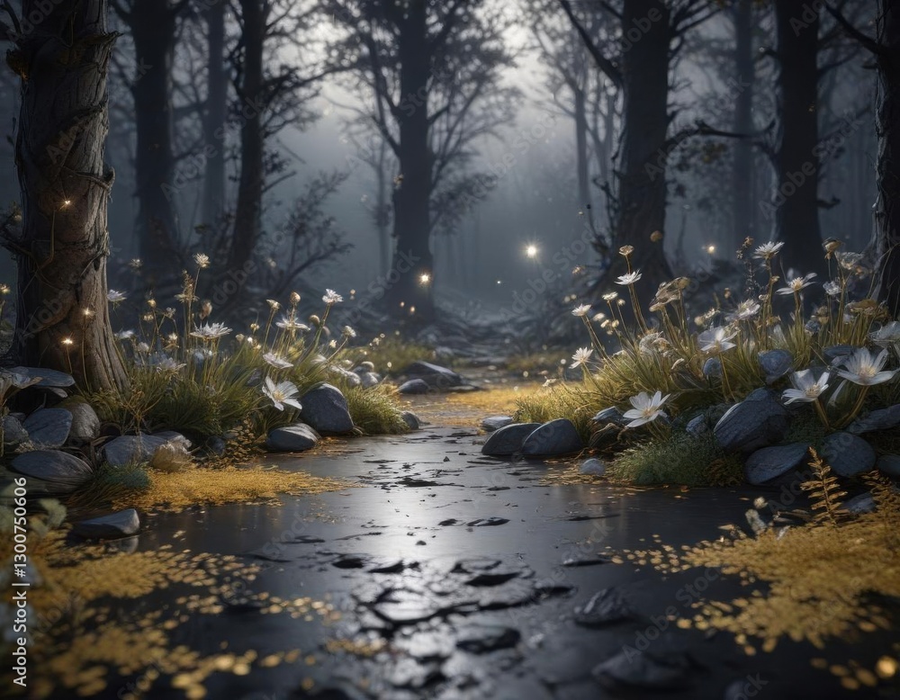 Mysterious forest floor covered in silver and gold florals and constellations under moonlight , glowing, florals, gold Mysterious forest floor covered in silver and gold florals and constellations under moonlight , glowing, florals, gold