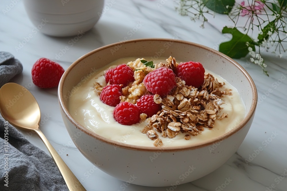 Delicious yogurt bowl topped with fresh raspberries and granola on a marble countertop Delicious yogurt bowl topped with fresh raspberries and granola on a marble countertop