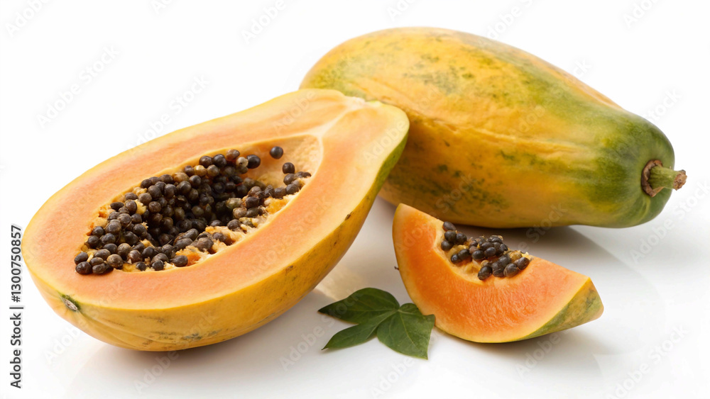 The image showcases whole and halved papayas, their contrasting colors and textures emphasized against a white backdrop, with numerous black seeds visible in the halved fruit The image showcases whole and halved papayas, their contrasting colors and textures emphasized against a white backdrop, with numerous black seeds visible in the halved fruit