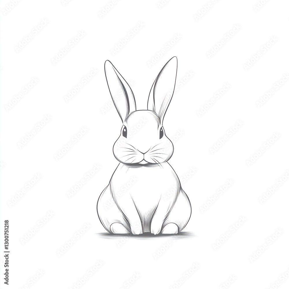 Obraz premium Adorable Bunny Line Art: A charming grayscale sketch of a fluffy bunny rabbit, sitting peacefully against a plain white background.