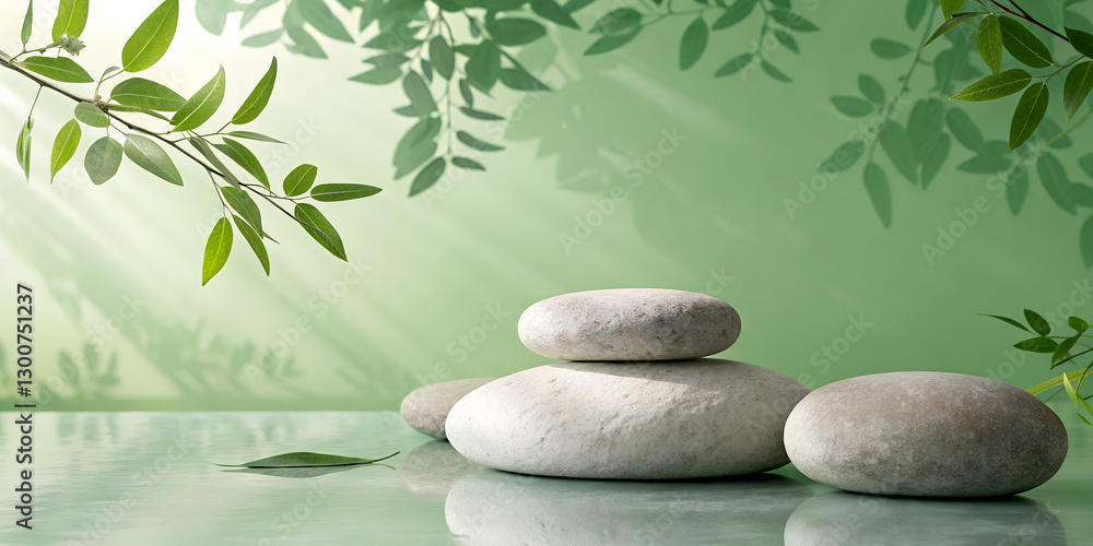 Obraz premium Natural Product Showcase Featuring River Stone Podium and Leaf Patterned Green Gradient