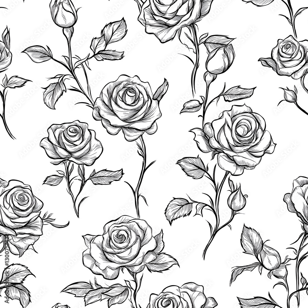 Obraz premium rose drawing seamless pattern black and white background
