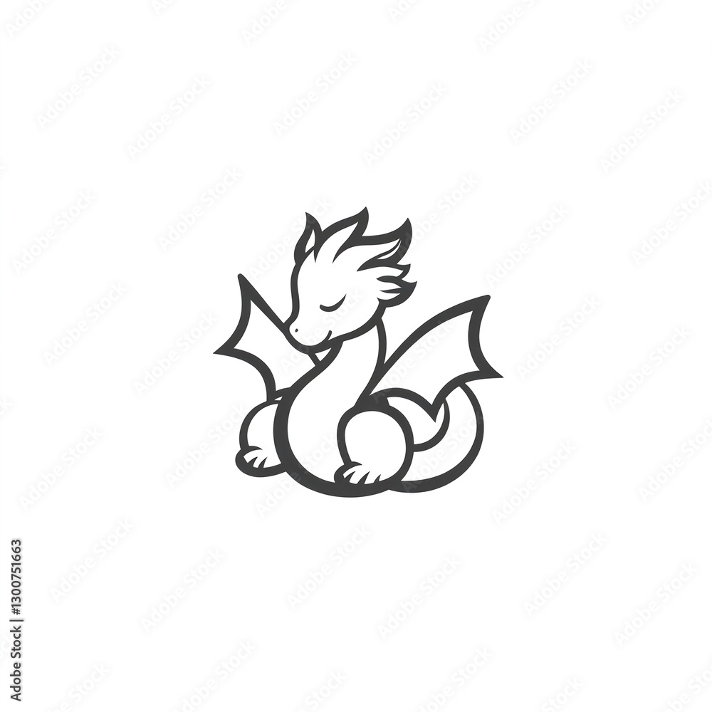 Fototapeta premium Adorable sleeping dragon, curled up peacefully. Minimalist line art design, perfect for gifts!