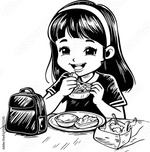 Enjoying delicious snacks school lunchroom illustration cheerful atmosphere side view childhood joy