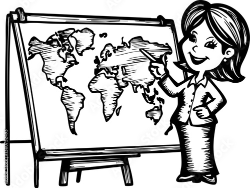 Teacher presenting world map in classroom educational environment graphic illustration engaging viewpoint learning concept