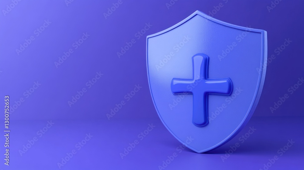 Obraz premium 3D Render: Blue Shield with Cross Symbol, Health Protection Concept