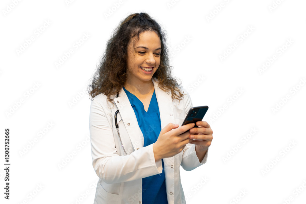 Smiling doctor using smartphone on transparent background Smiling doctor using smartphone on transparent background