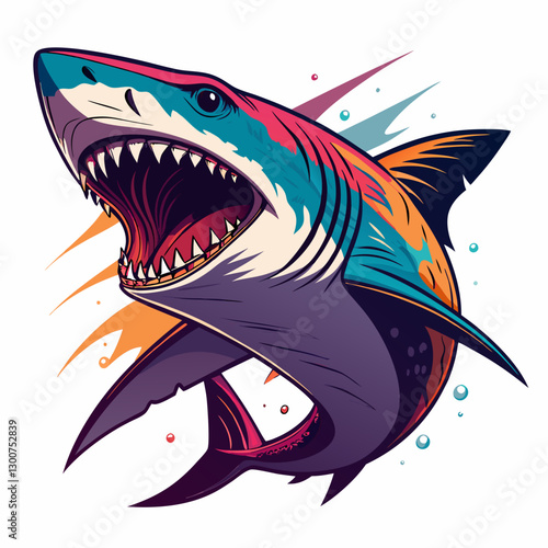 A vibrant vector illustration of a fierce shark with its large mouth wide open, showcasing sharp, menacing teeth.