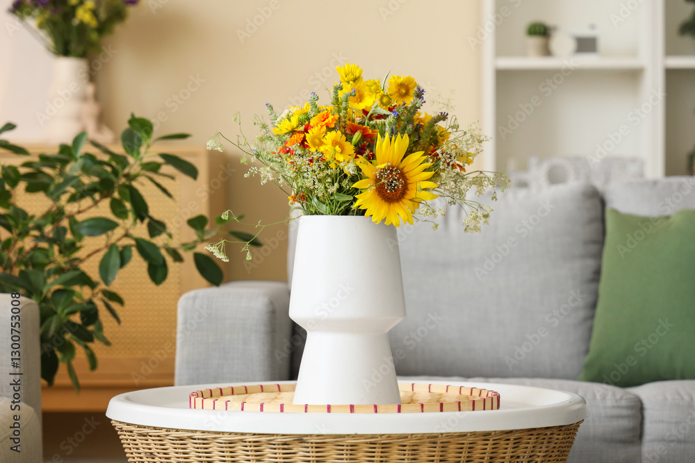 Wild flowers in vase on coffee table in interior of living room. Closeup Wild flowers in vase on coffee table in interior of living room. Closeup