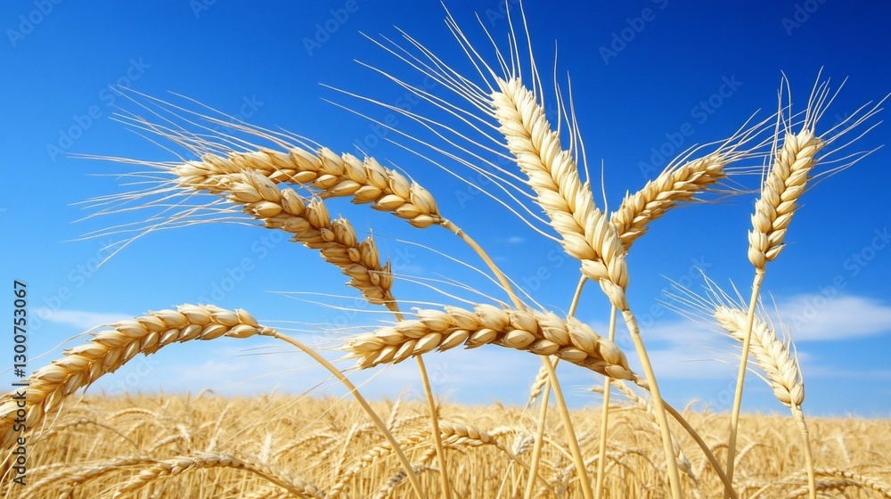 Golden wheat stalks against a vibrant blue sky, with a field of ripe grain in the foreground. Golden wheat stalks against a vibrant blue sky, with a field of ripe grain in the foreground.