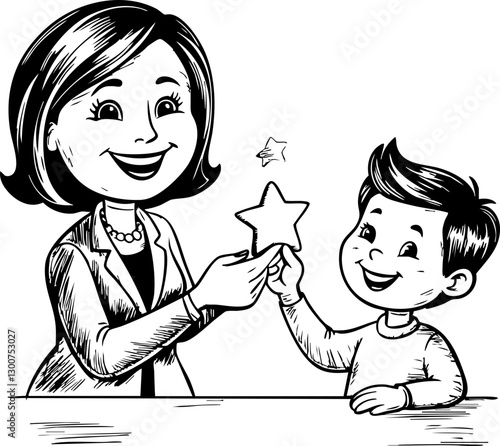 Celebrating achievement child receiving star award from teacher classroom illustration educational environment close-up view motivation