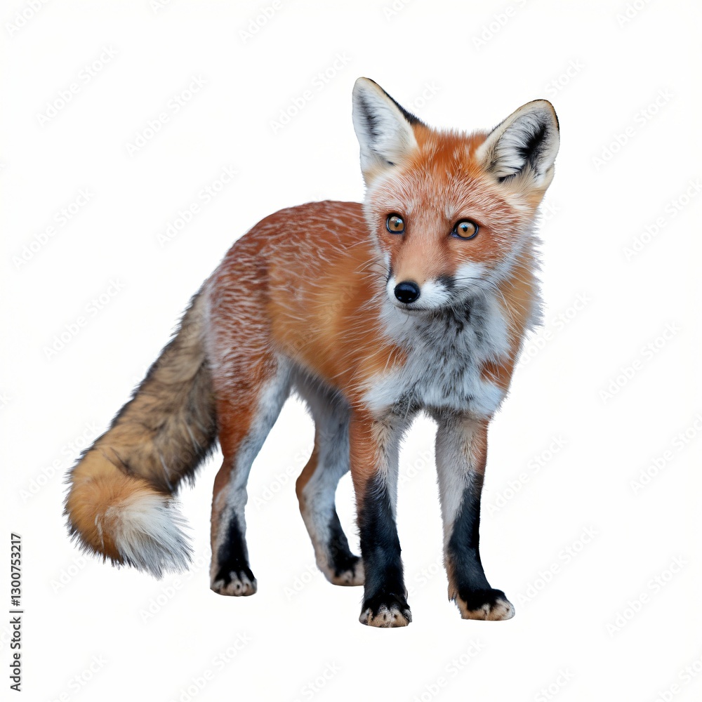 Fototapeta premium Elegant Red Fox with Bushy Tail and Reddish-Brown Fur Standing Isolated on White Background.