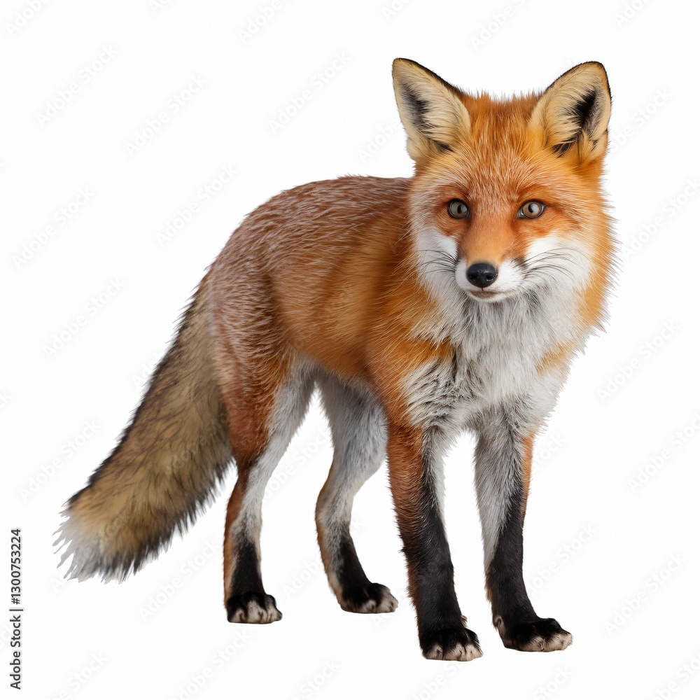 Fototapeta premium Elegant Red Fox with Bushy Tail and Reddish-Brown Fur Standing Isolated on White Background.