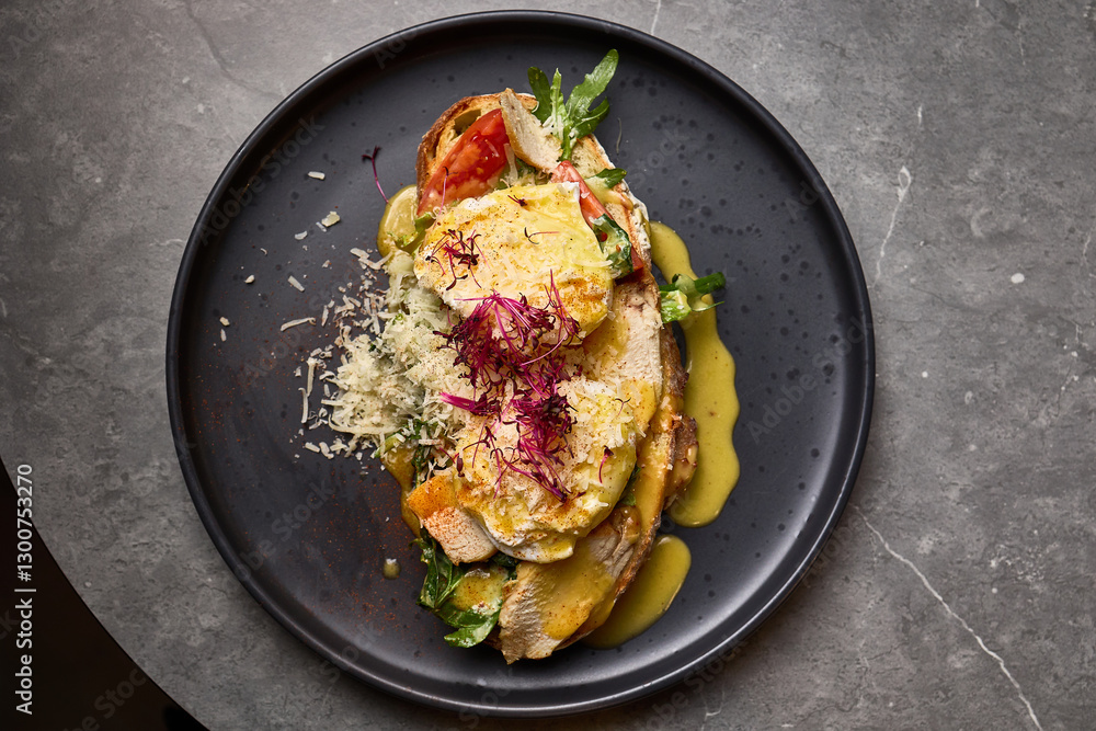 Gourmet Chicken Sandwich Top View with Fresh Vegetables, Melted Cheese, Garnished with Herbs on Elegant Plate, Close-Up Food Presentation Concept