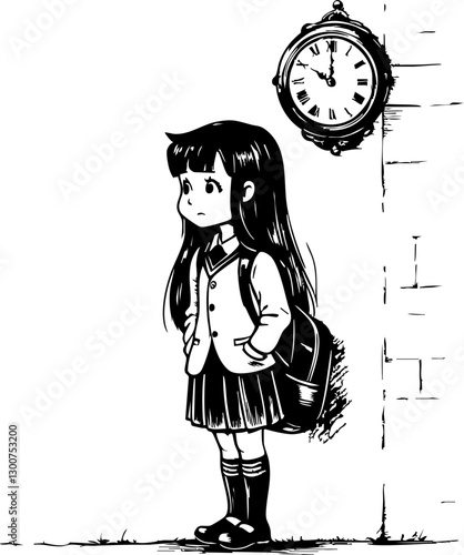 Child waiting for class school hallway black and white illustration indoor side view anticipation