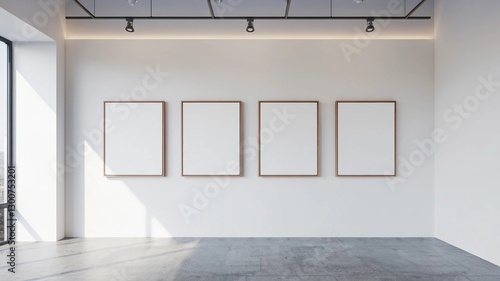 Gallery wall with four frames for art displays and a large window for light
