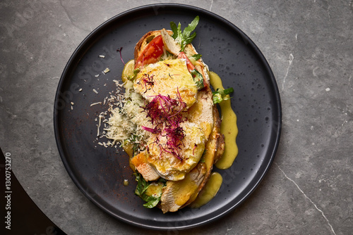 Obraz na płótnie Gourmet Chicken Sandwich Top View with Fresh Vegetables, Melted Cheese, Garnished with Herbs on Elegant Plate, Close-Up Food Presentation Concept w salonie