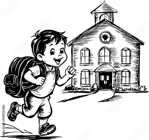 Joyful child running to school neighborhood illustration outdoor front view education and adventure