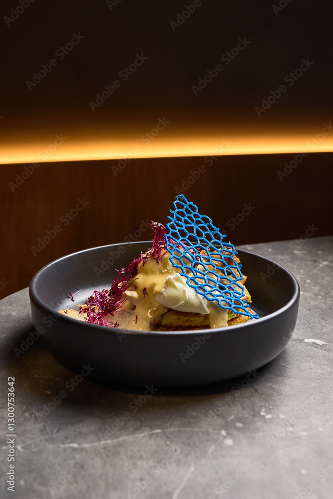 Exquisite plated dessert with unique blue decoration and delicate cream presentation, gourmet dining concept