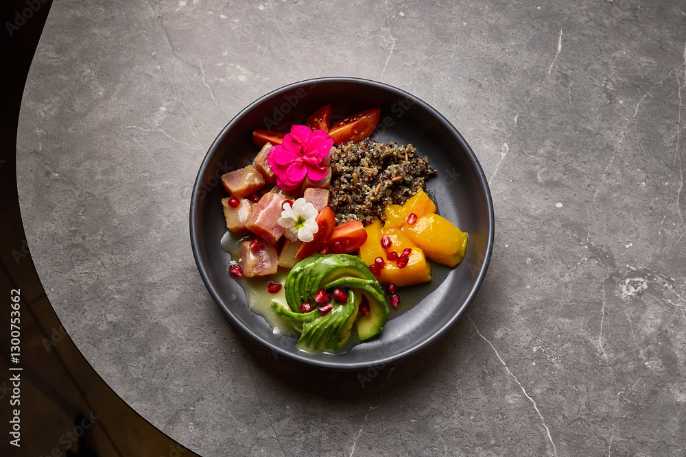Vibrant Fresh Poke Bowl with Avocado, Tuna, Rice, and Edible Flowers on Stone Table, healthy eating concept
