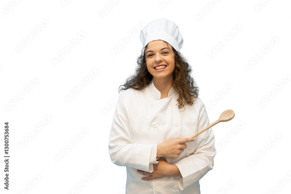 Smiling chef holding wooden spoon on transparent background Smiling chef holding wooden spoon on transparent background