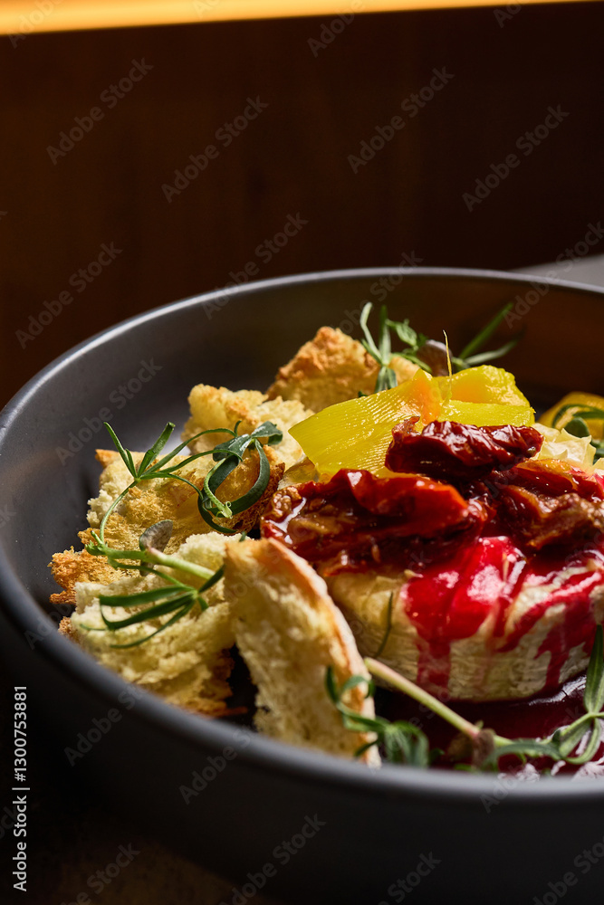 Gourmet Baked Camembert With Crusty Bread Rosemary Sun-Dried Tomatoes Beetroot Glaze Appetizer Dish Culinary Presentation Concept