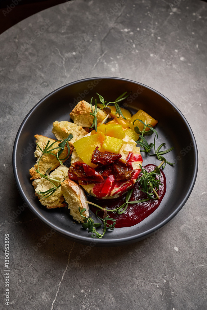 Gourmet Plate with Bread, Roasted Vegetables, Red Sauce, and Herbs on Grey Stone Table, culinary art concept