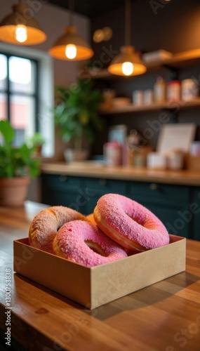 A small box of donuts on a countertop in a bakery or cafe , food, bakery, pastry
