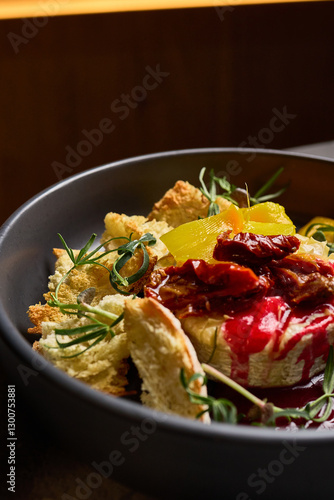 Gourmet Baked Camembert With Crusty Bread Rosemary Sun-Dried Tomatoes Beetroot Glaze Appetizer Dish Culinary Presentation Concept