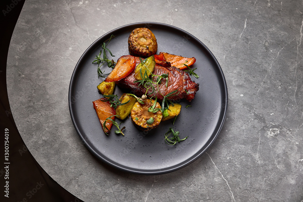 Gourmet roasted vegetables with succulent beef steak on elegant plate, culinary delight composition