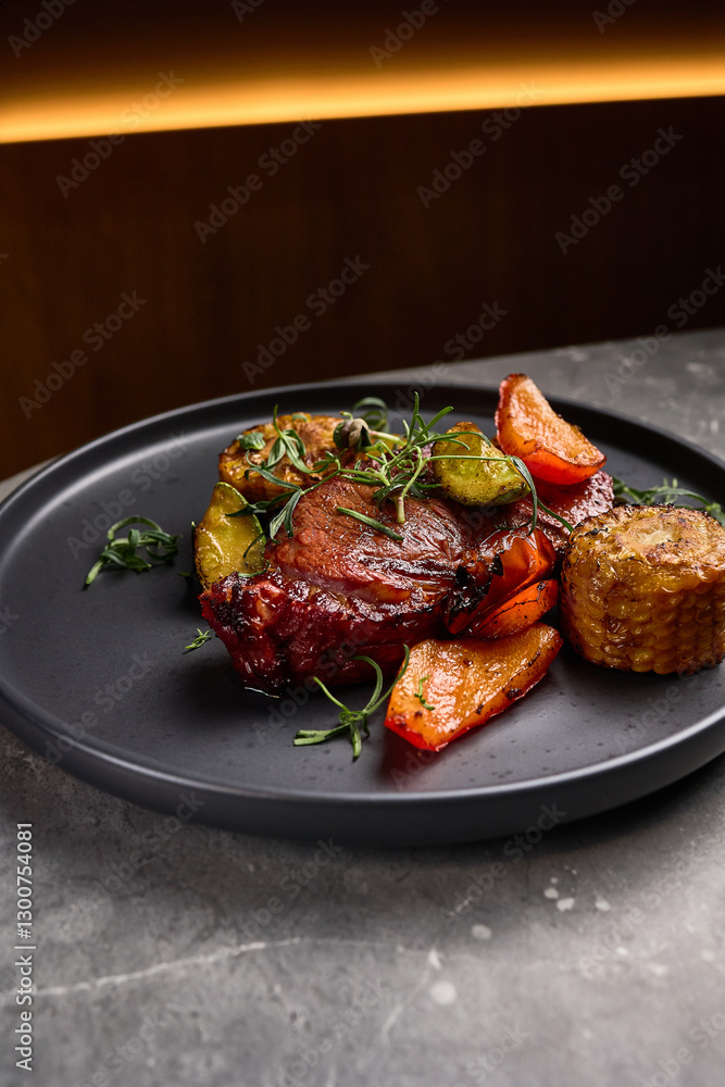 Grilled Steak with Roasted Vegetables and Fresh Herbs on Plate Gourmet Dish Presentation, culinary concept