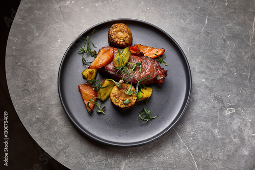Obraz na płótnie Gourmet roasted vegetables with succulent beef steak on elegant plate, culinary delight composition w salonie
