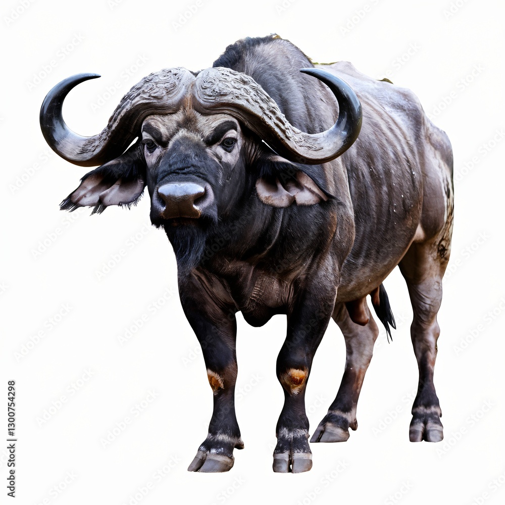 Naklejka premium Robust African Buffalo with Curved Horns Isolated on White Background.