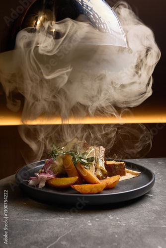 Obraz na płótnie Appetizing smoked dish with roasted potatoes, decorated with rosemary on dark plate, steam rising elegantly, fine dining concept w salonie
