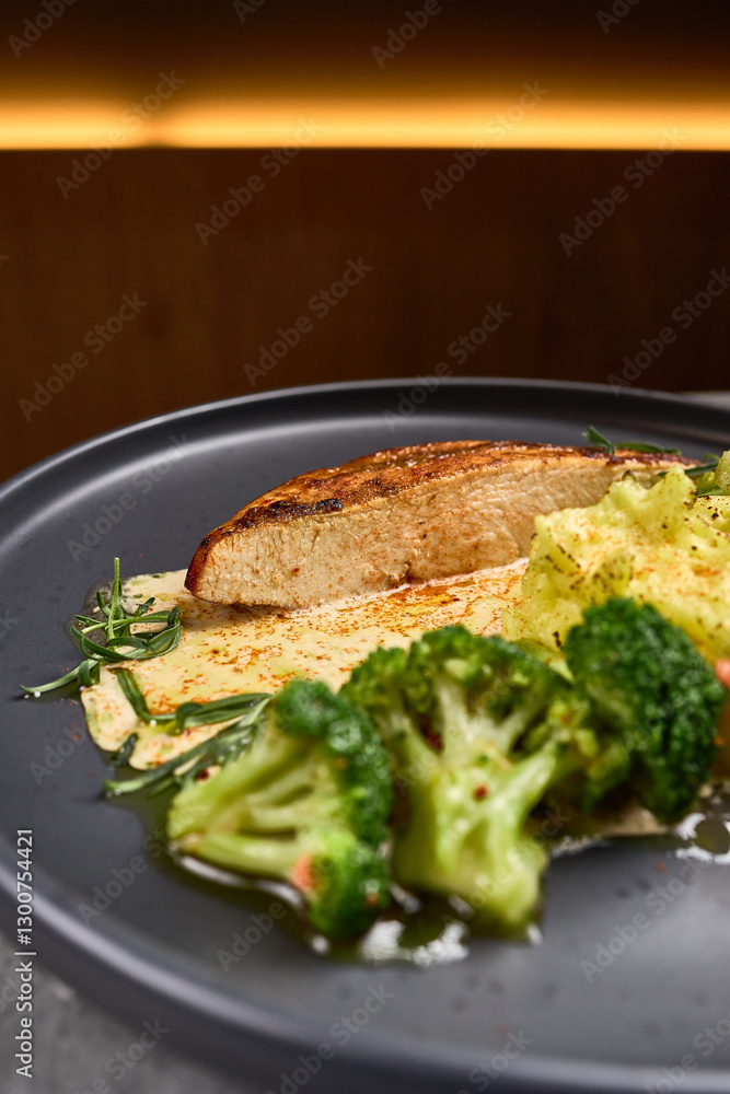 Grilled Salmon Fillet with Creamy Sauce, Steamed Broccoli, Herbs, Seasoning, Delicious Dinner Plate Presentation, Healthy Food Concept
