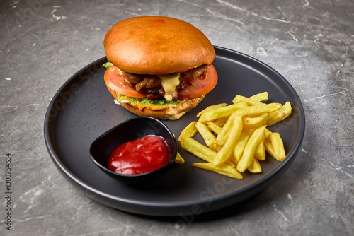 Obraz na płótnie Delicious burger with tomato, lettuce, accompanied by fries and red sauce on black plate, fast food concept w salonie