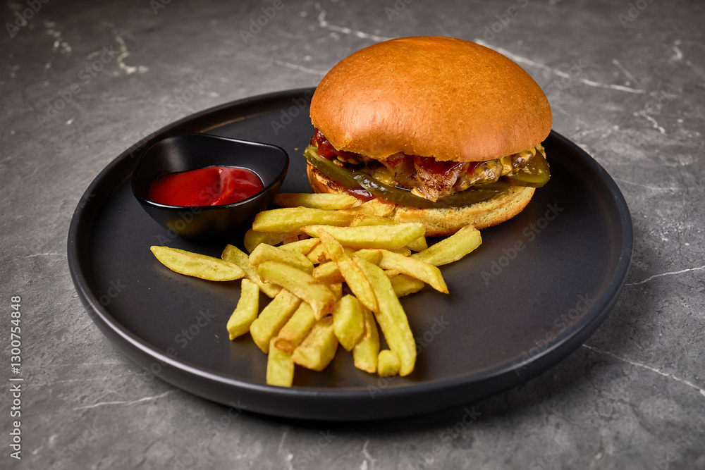 Gourmet burger with fries, ketchup, black plate, appetizing food presentation, delicious meal concept