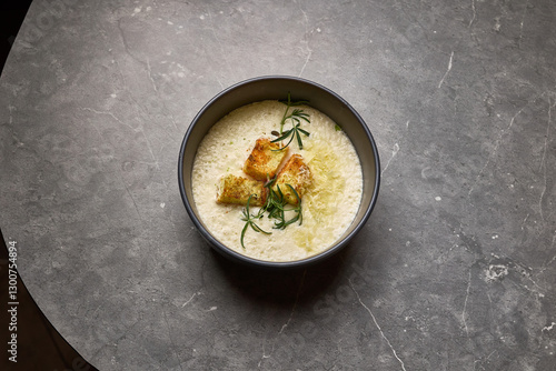 Delicious creamy soup with croutons, garnished with rosemary in bowl, served on gray stone surface, top view, gourmet meal concept