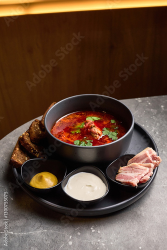 Obraz na płótnie Traditional Ukrainian borscht soup with sourdough bread mustard sour cream and bacon on rustic table culinary presentation concept w salonie
